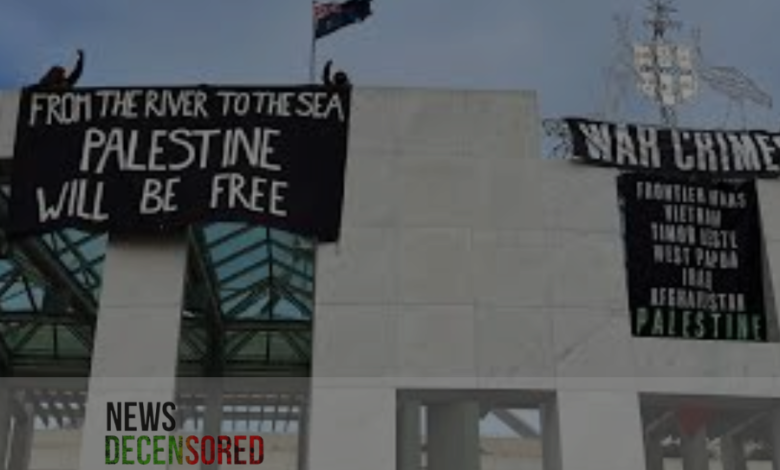 Protesters in solidarity with Palestine climb to the roof of the Australian Parliament