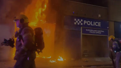 Far-right rioters set UK police station on fire, attacked a mosque and looted shops in sunderland.