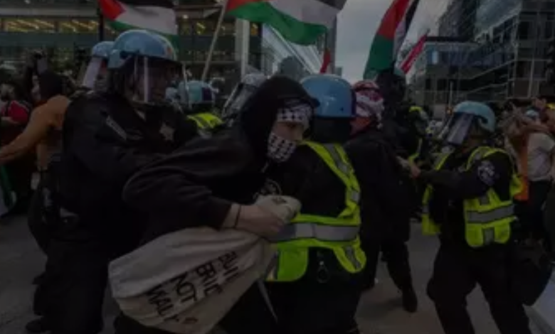 At least 55 were arrested after clashes with police outside the Israeli Consulate in Chicago during the DNC